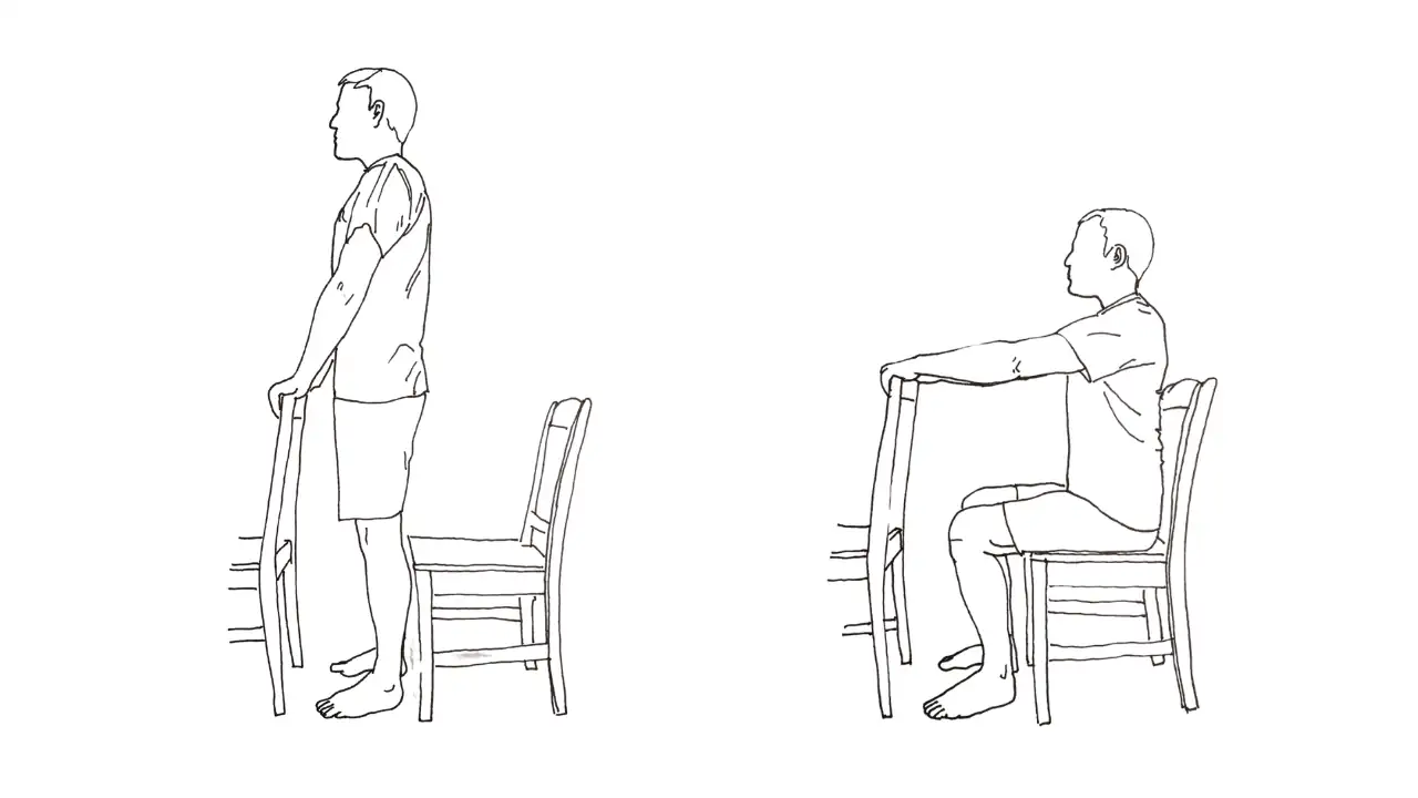 Man exercising the assisted sti to stand squat.