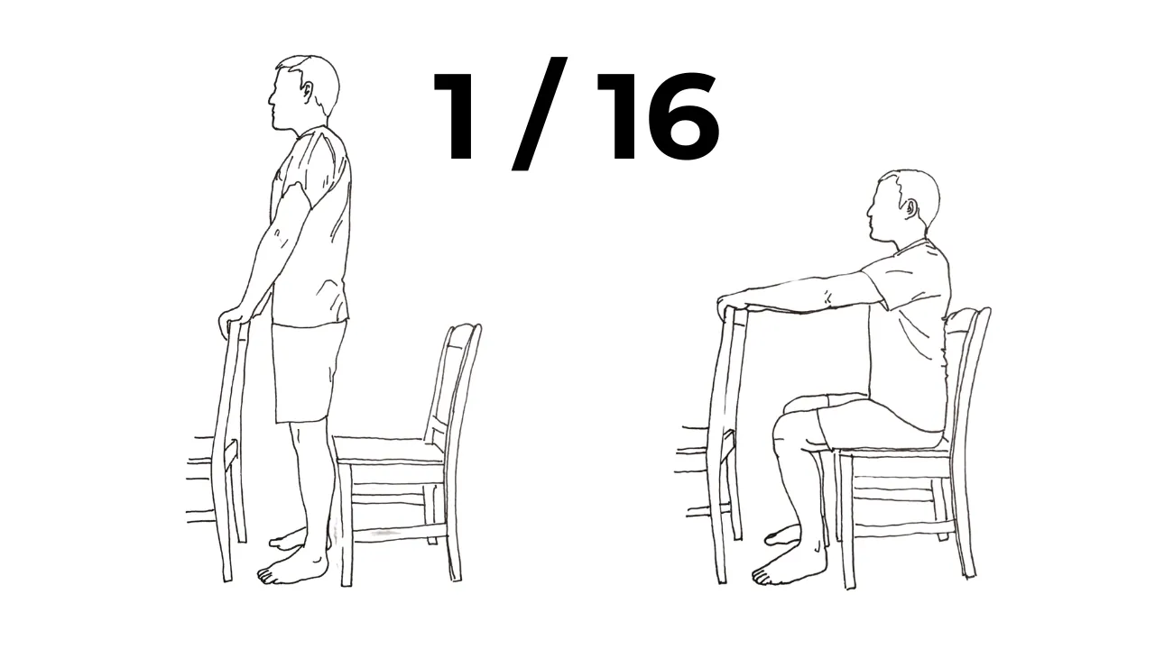 Beginner calisthenics assisted sit to stand squat level 1 using chair for leg strength