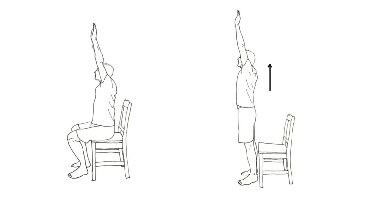 Beginner calisthenics sit-to-stand squat high chair hands overhead Level 2 of 16 exercise
