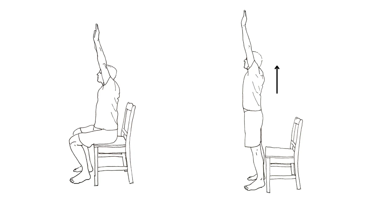 Beginner calisthenics sit-to-stand squat high chair hands overhead Level 2 of 16 exercise