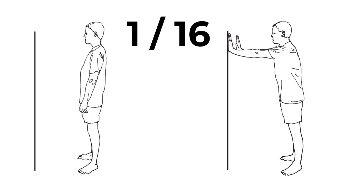 Man training wall lean hold at home.
