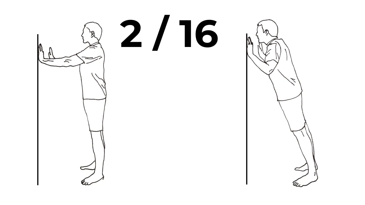 Beginner calisthenics wall push up level 2 showing upright start and leaning push position